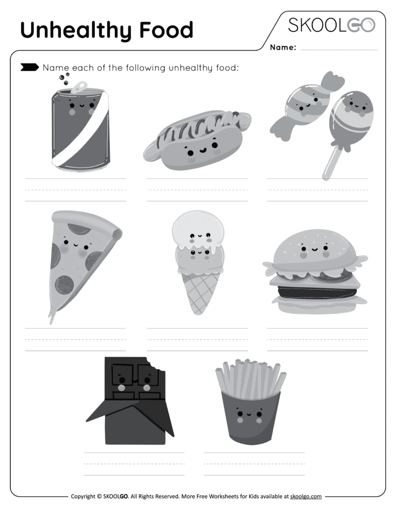 Unhealthy Food - Free Black and White Worksheet Activity for Kids