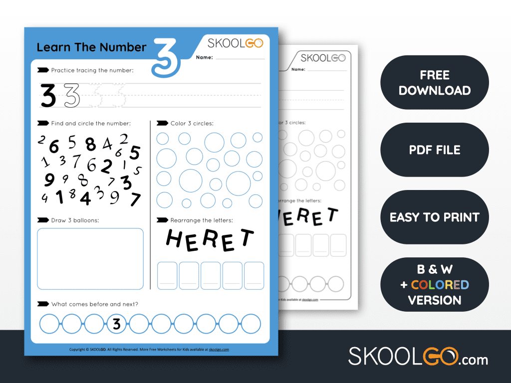 Free Worksheet for Kids - Learn The Number 3 - SkoolGO