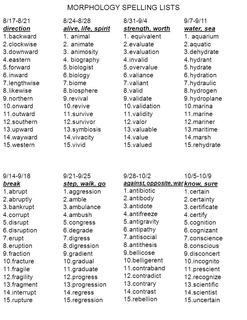 MORPHOLOGY SPELLING LISTS 8/17-8/21 direction 1.backward 2.clockwise 3 ...