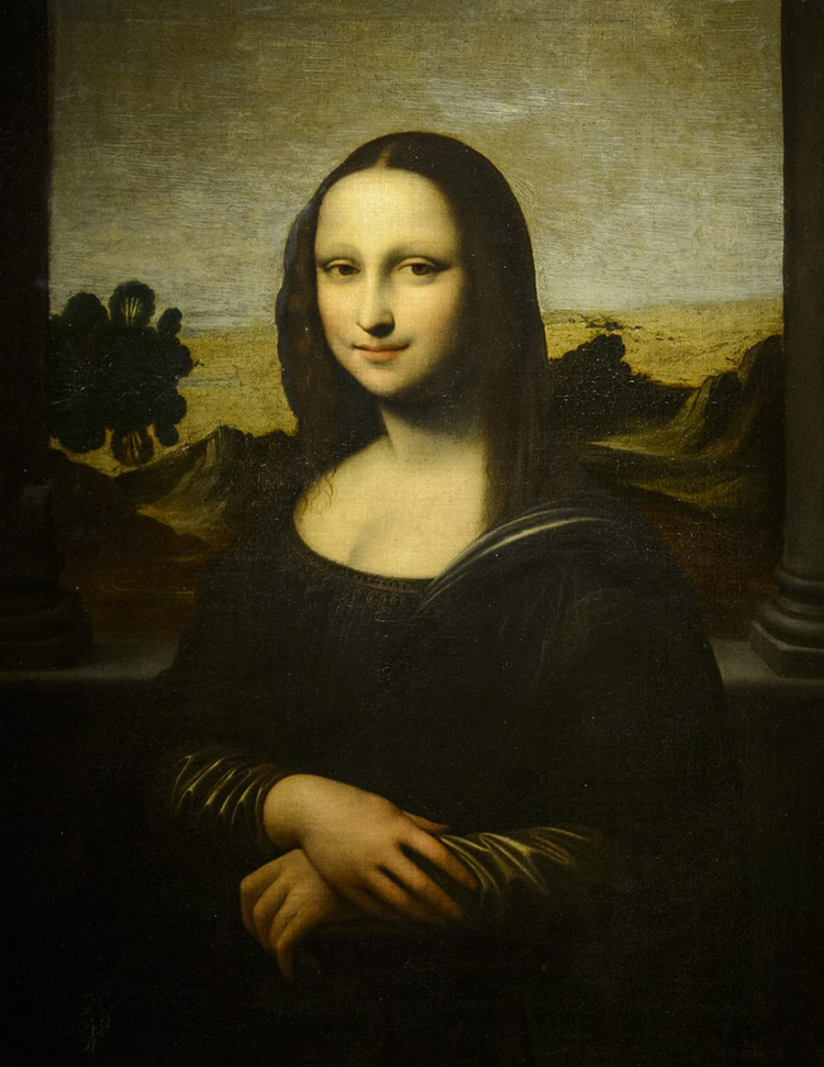   Thought to be painted (mostly) by Leonardo himself, before the version of the Mona Lisa in the Louvre.&nbsp;  