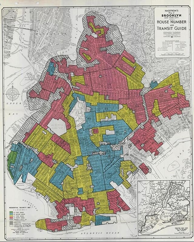 #MapMondays &ndash;&ndash; 1938 Home Owners Loan Corporation (HOLC) redlining map of Brooklyn. This map, part of an Underwriting Manual, determined mortgage lending requirements, sectioning off areas of the inner city that were not considered safe in