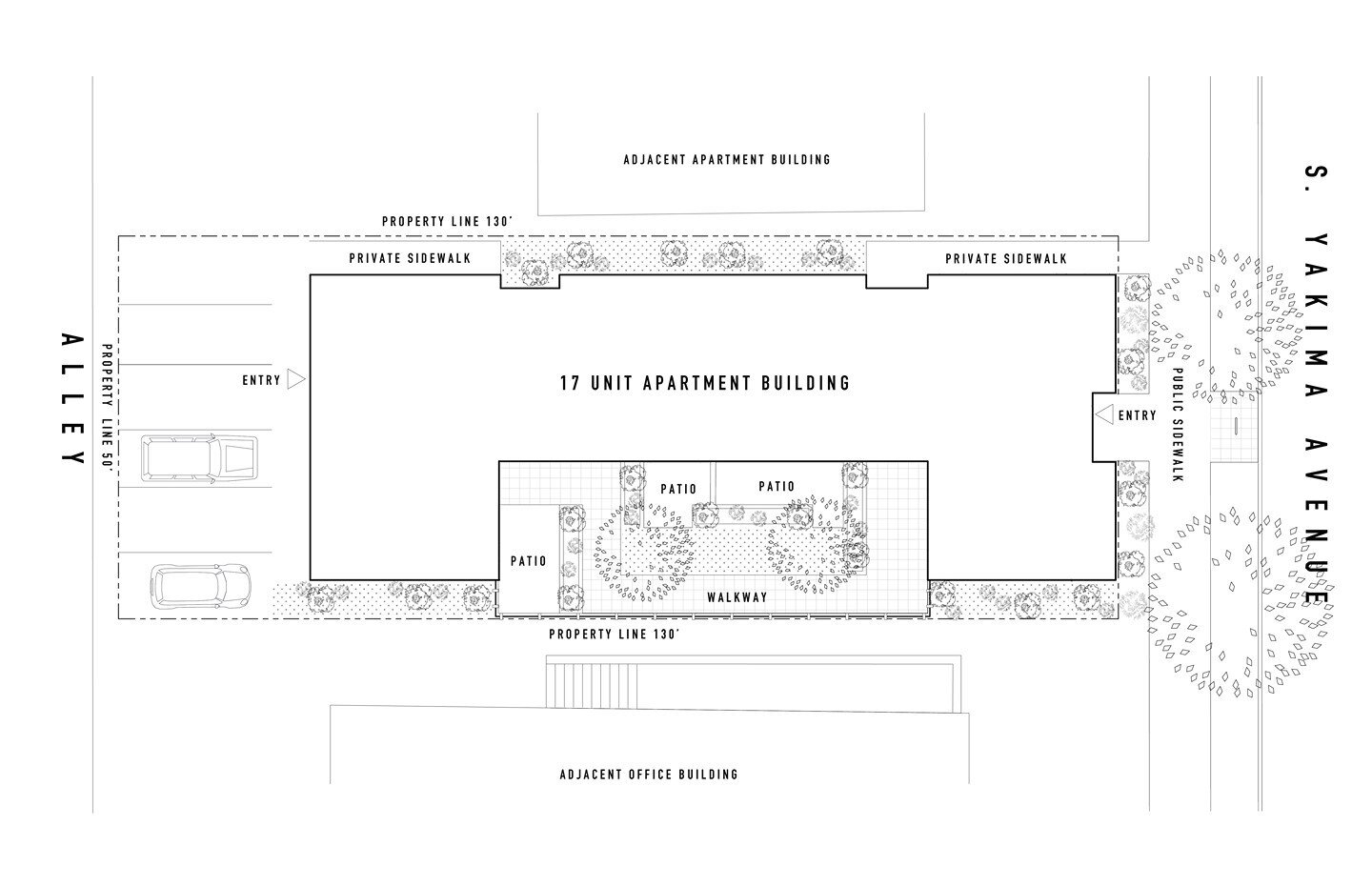 At the 8th and Yakima Flats, a south-facing courtyard features two trees, native shrubs and groundcover, and sprays of color from blooming perennials throughout the year. The building floor plan was designed so that a majority of the apartments would