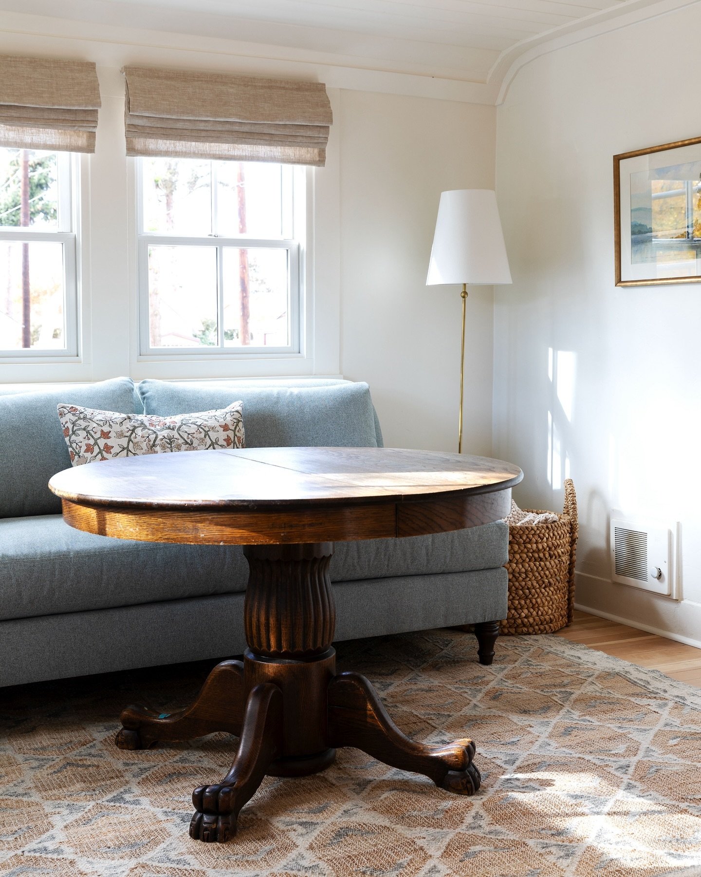 Some pics of #thepoplarcottage front room because WE FINALLY HAVE FURNITURE AFTER 4 YEARS OF RENOVATING! Eeek! 
&nbsp;
This combo sitting/dining room is anchored by the most beautiful couch from @potterybarn (#gifted) in a performance fabric and my N