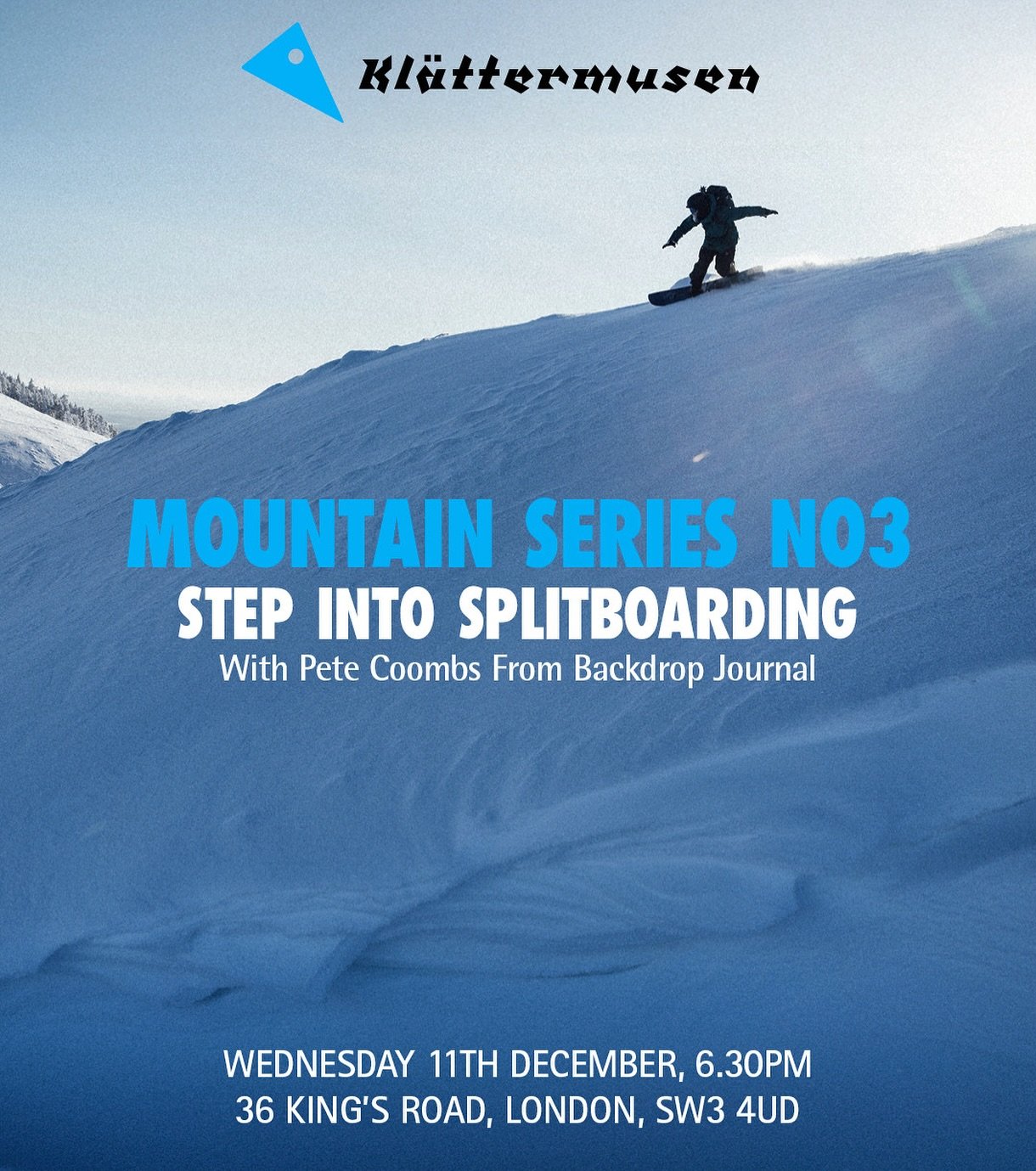 Come meet the Backdrop Crew and watch some films, with our Pete. Free event @klattermusen Kings Road London, 11th Dec at 18:30
Free tickets on Eventbrite
#splitboarding #adventurefilms