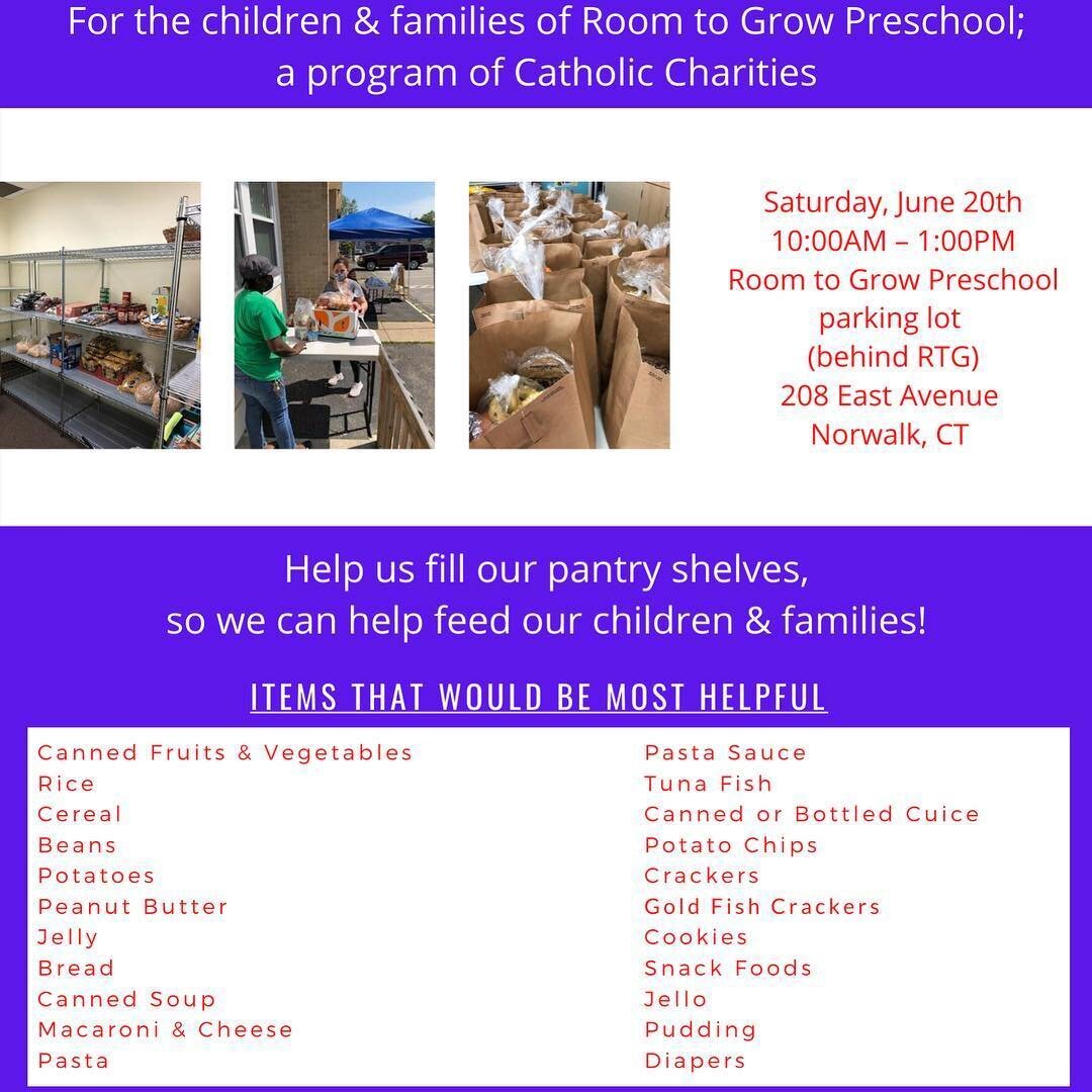 The Mother Teresa Society at Cardinal Kung Academy is sponsoring a food drive for Room to Grow Preschool.  Join us- June 20th 10 am - 1 pm. @cardinalkungacademy #catholiccharitiesfairfieldcounty #roomtogrowpreschool