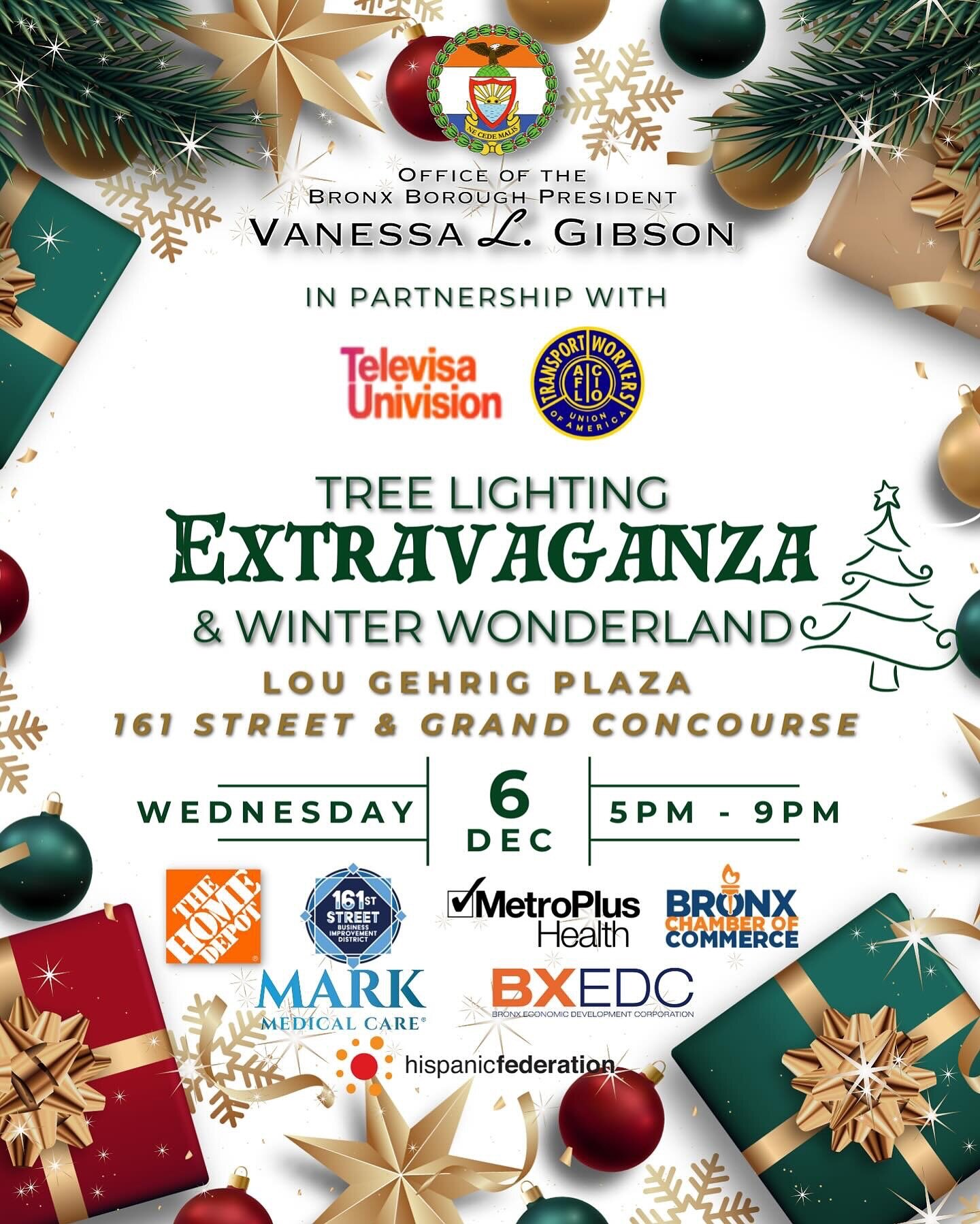 Posted @withregram &bull; @bronxbpgibson Join us on Wednesday, December 6th for our Annual Holiday Tree Lighting Extravaganza and Winter Wonderland in partnership with TelevisaUnivision and the Transport Workers Union of America.