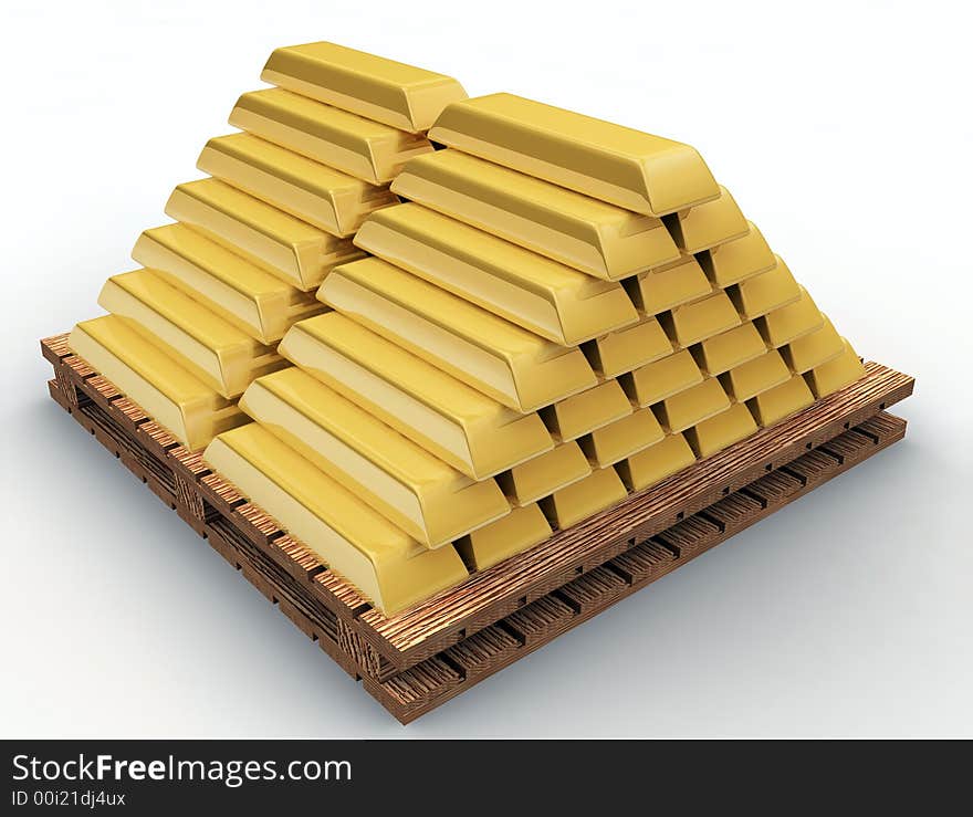 This is a 3D rendered image of gold bullions stack up in a pyramid shape on a wooden palette. This is a 3D rendered image of gold bullions stack up in a pyramid shape on a wooden palette