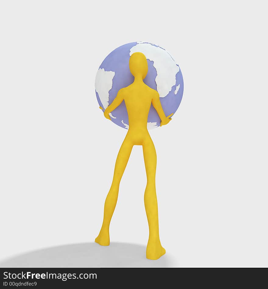 3d man holding globe, isolated on white