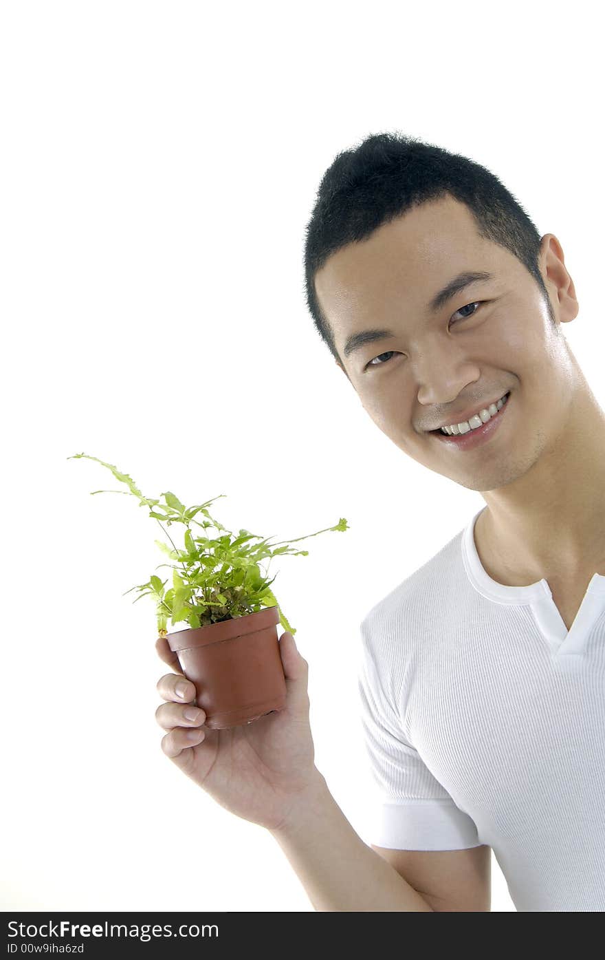 Young man on holding a small plant