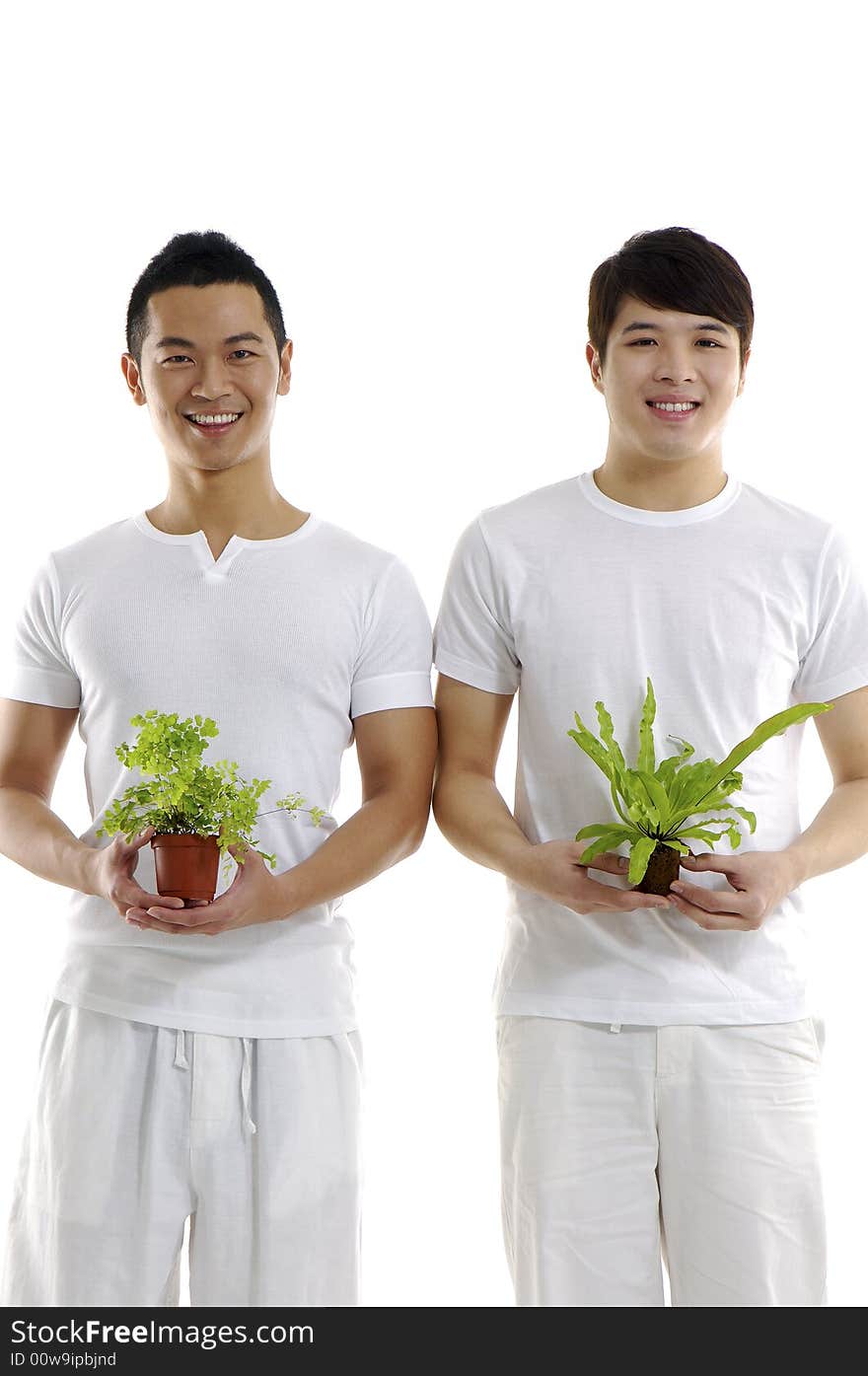 Young man on holding a small plant