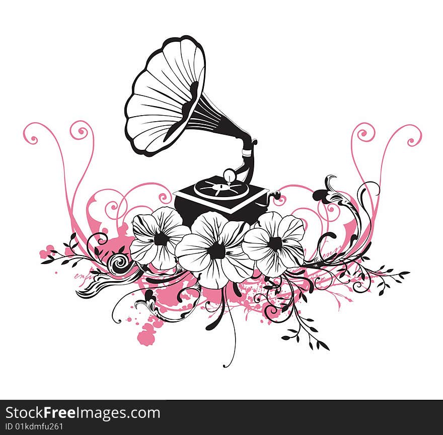 Illustration of a gramophone and floral patterns