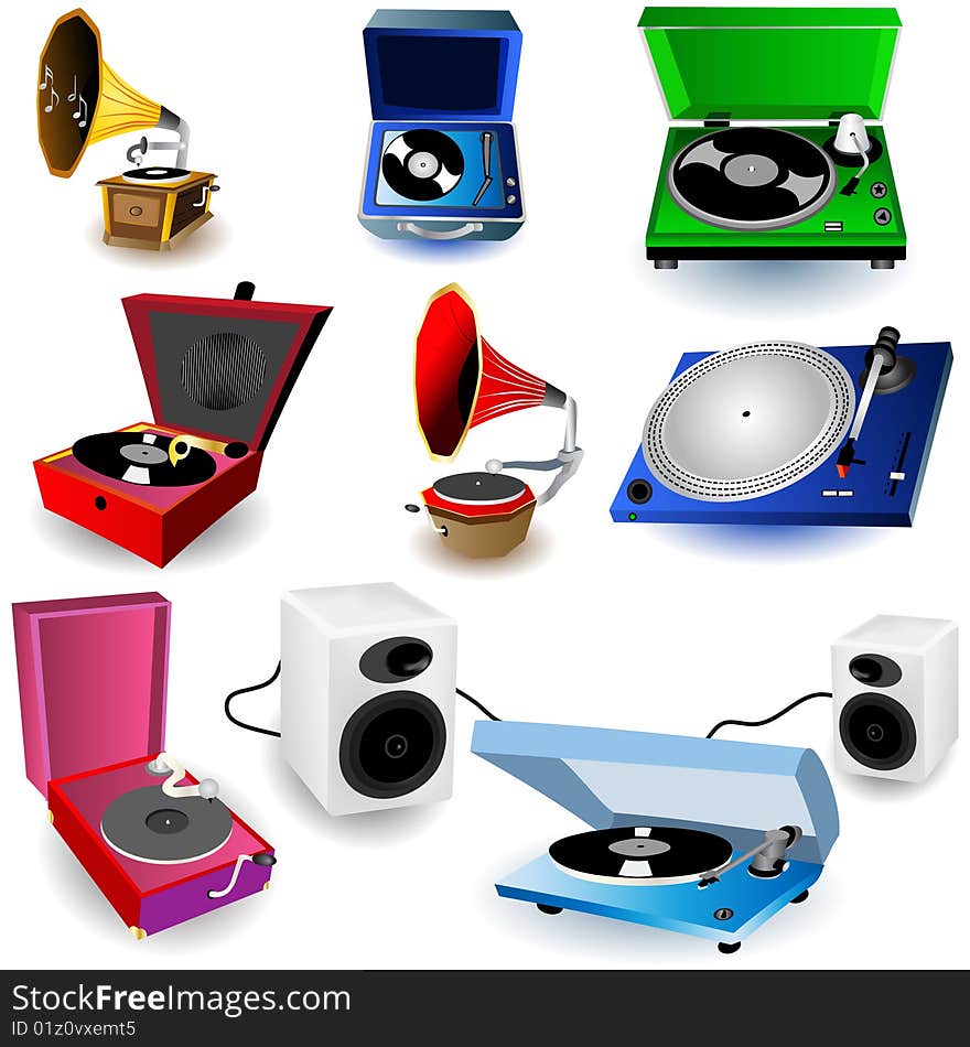 Set of colorful gramophone icons, vector illustration