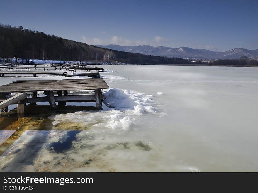 Pier wintertime on the lake, high density range image. Pier wintertime on the lake, high density range image