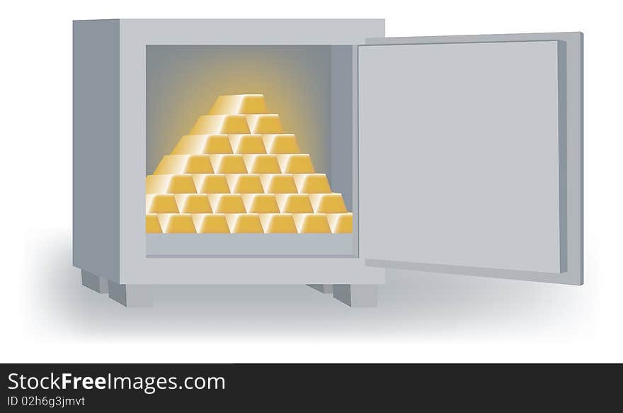 An open steel safe with a pyramid of stacked gold bars. An open steel safe with a pyramid of stacked gold bars.