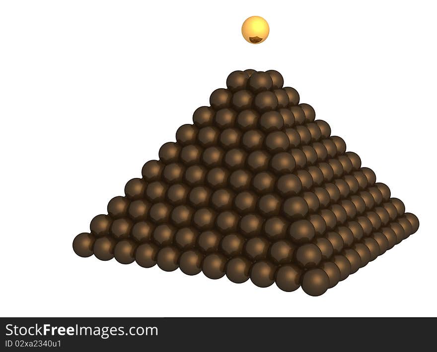 3D rendered glossy pyramid of brown metallic spheres and gold sphere on the top. 3D rendered glossy pyramid of brown metallic spheres and gold sphere on the top