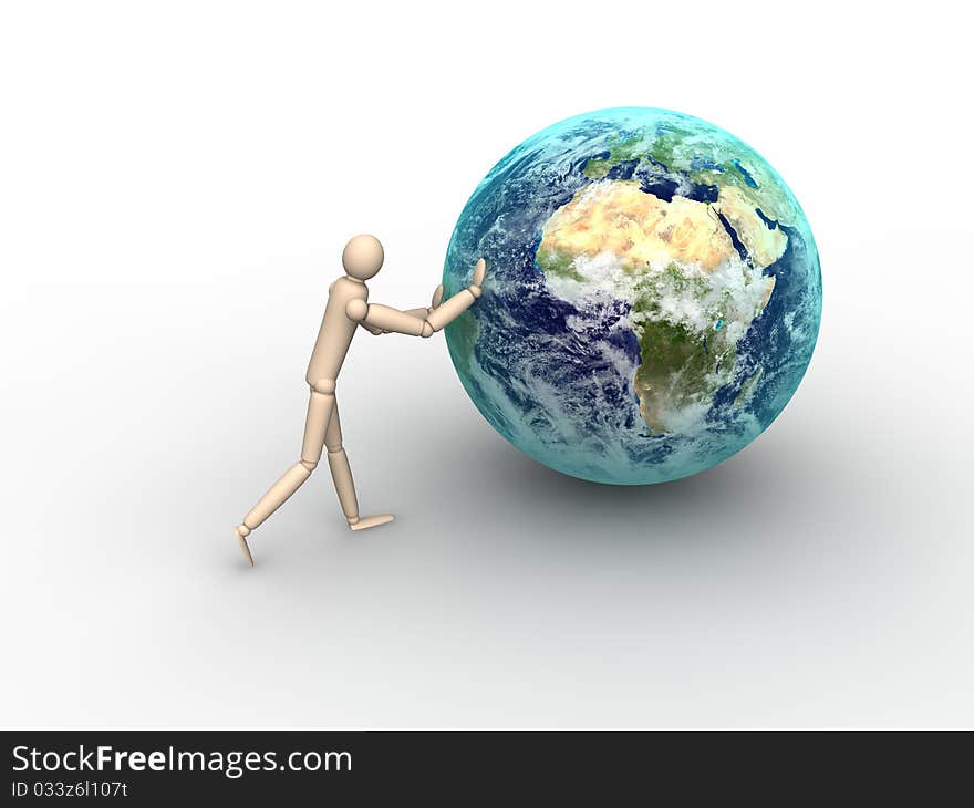 Man pushing Earth in 3D style