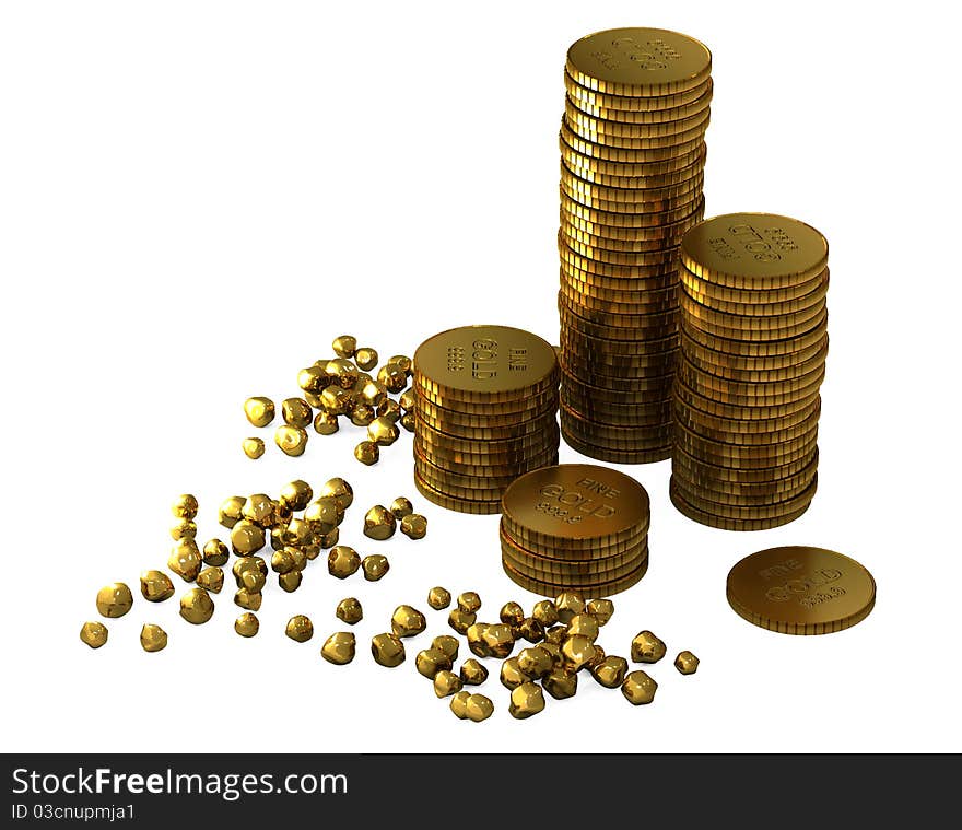 3d gold bars and coins on white