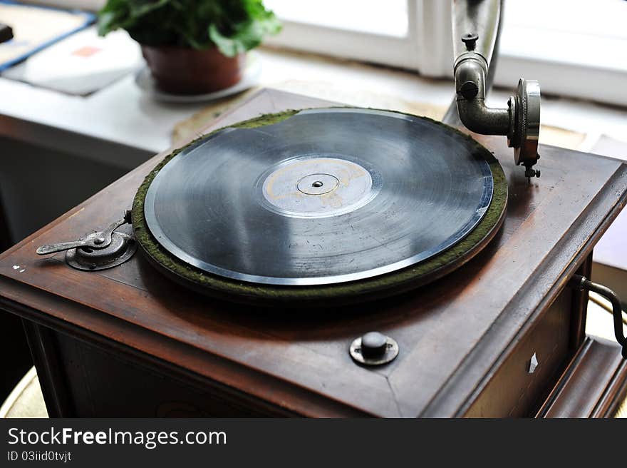 Close up at vintage gramophone. playing old song