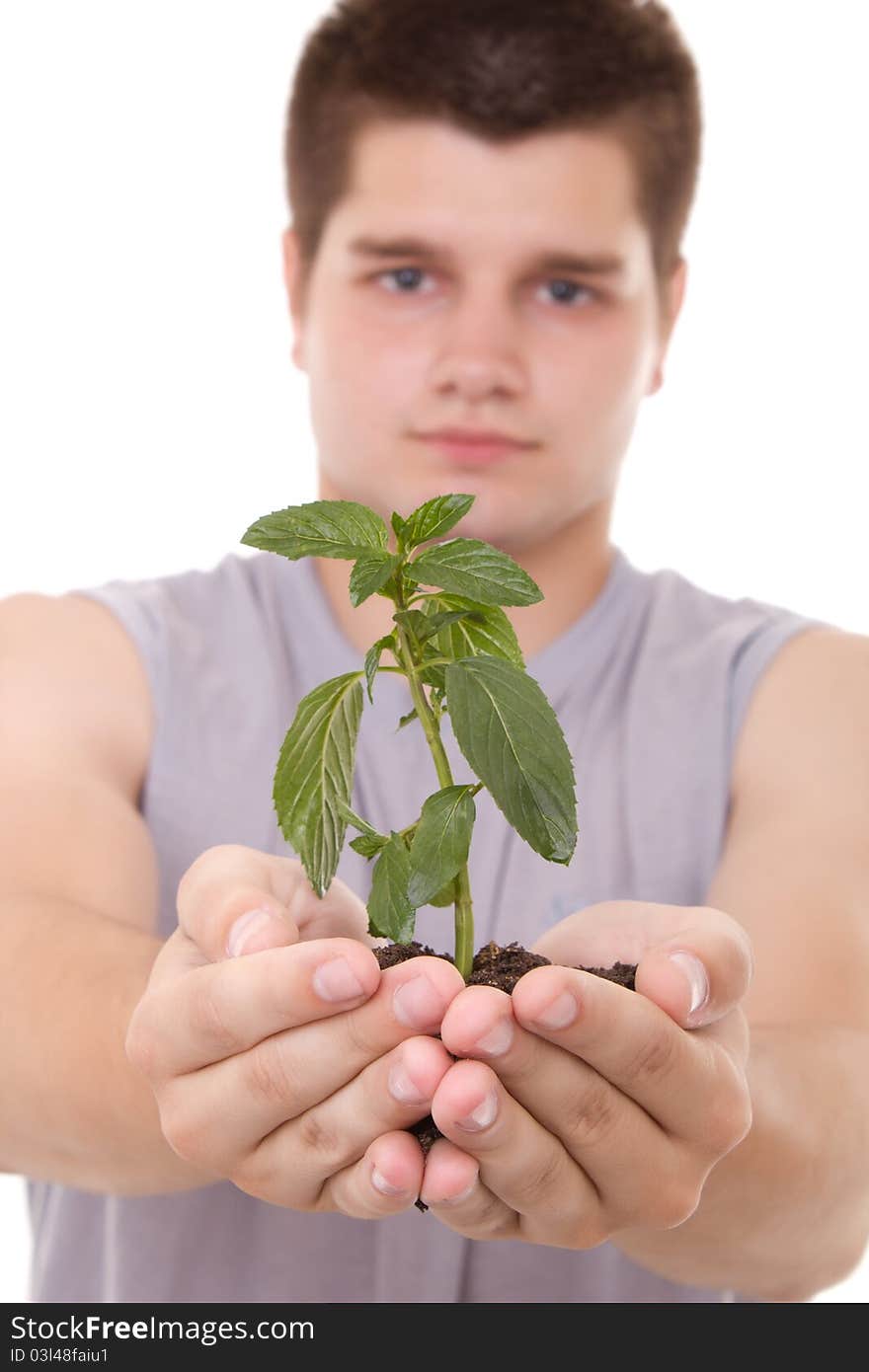 A young man holding a plant in hands