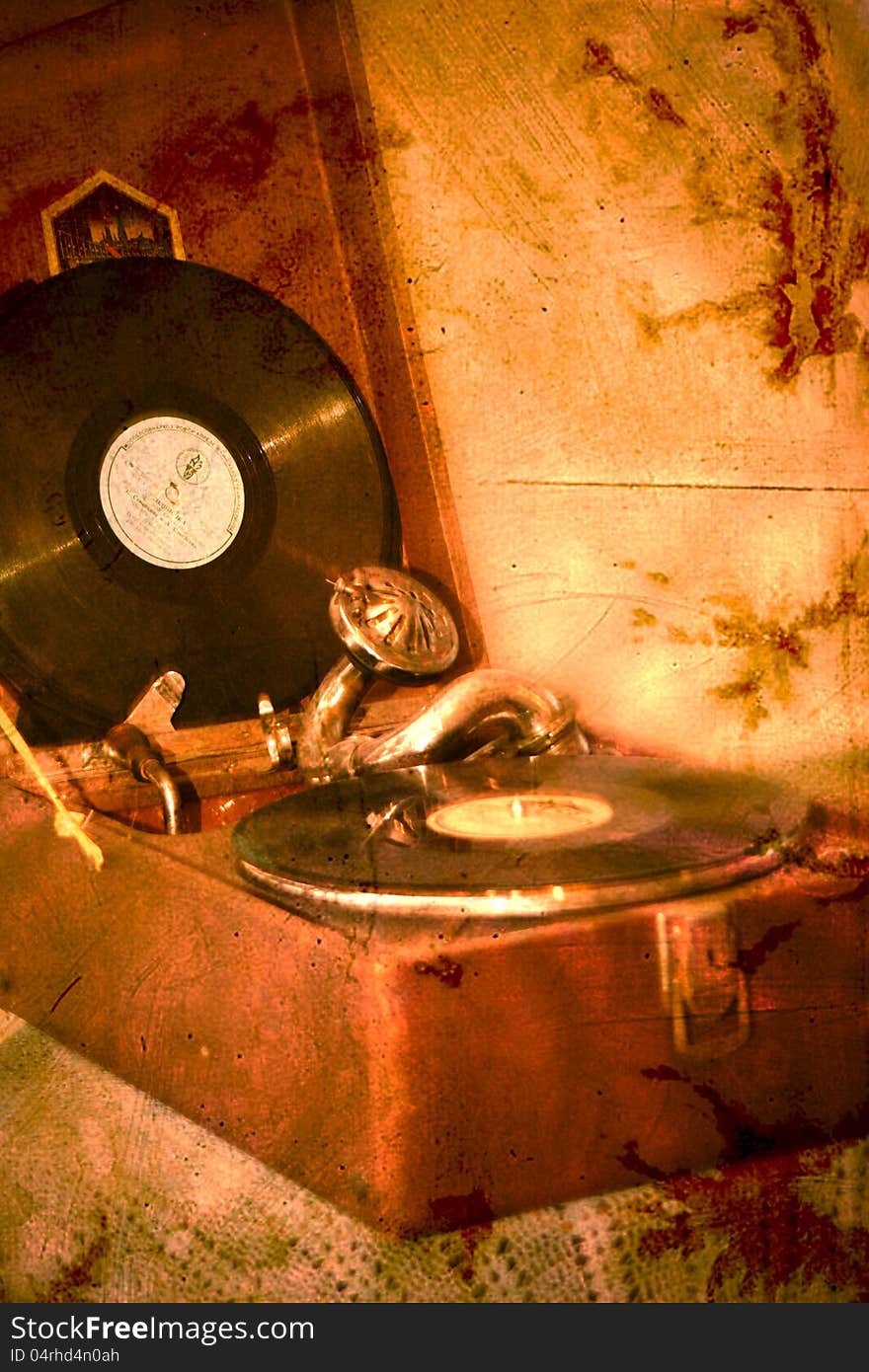 Retro gramophone on a table with a white tablecloth