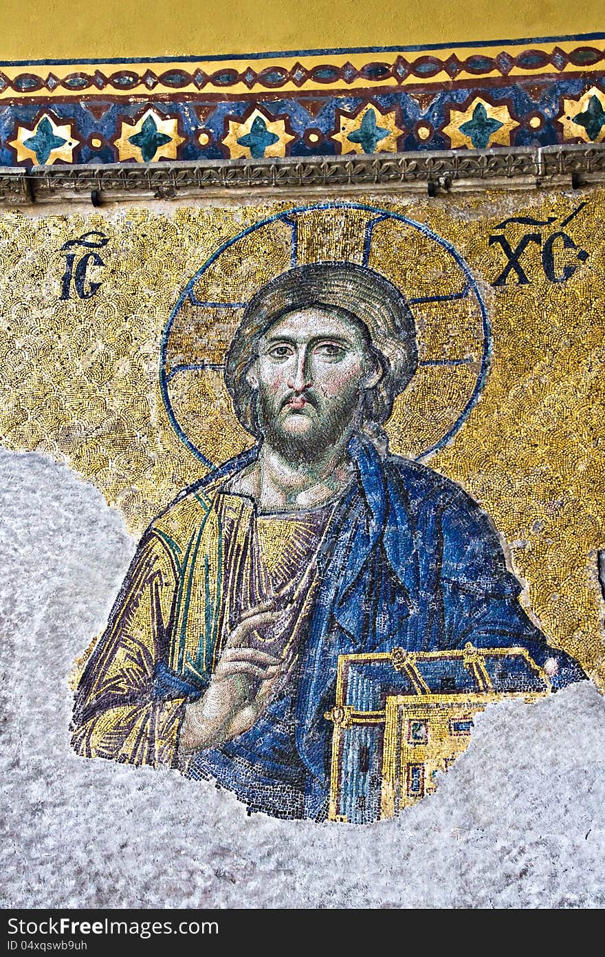 Jesus Christ mosaic in the interior of Hagia Sophia in Istanbul, Turkey