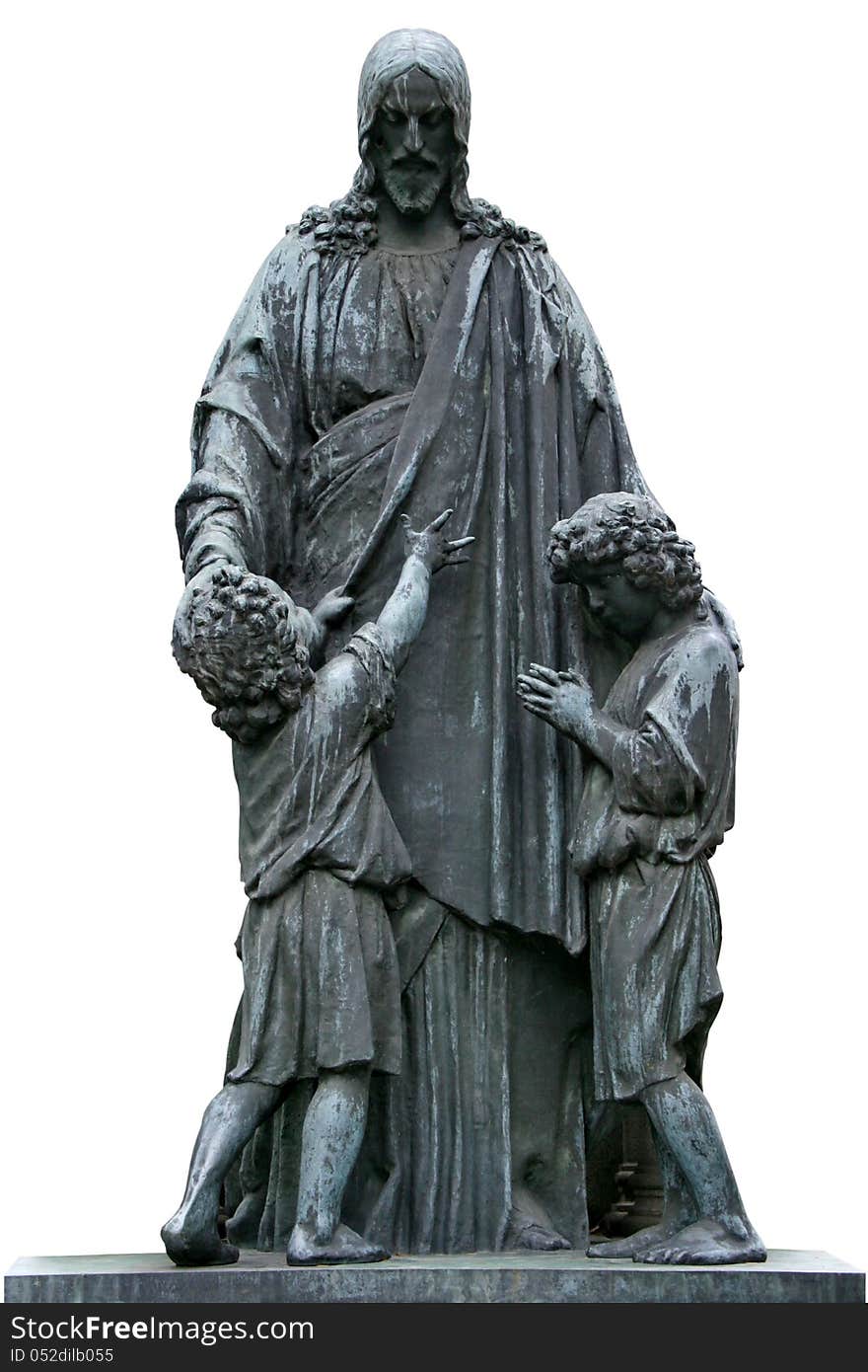 Mature tombstone sculpture of Jesus Christ with children