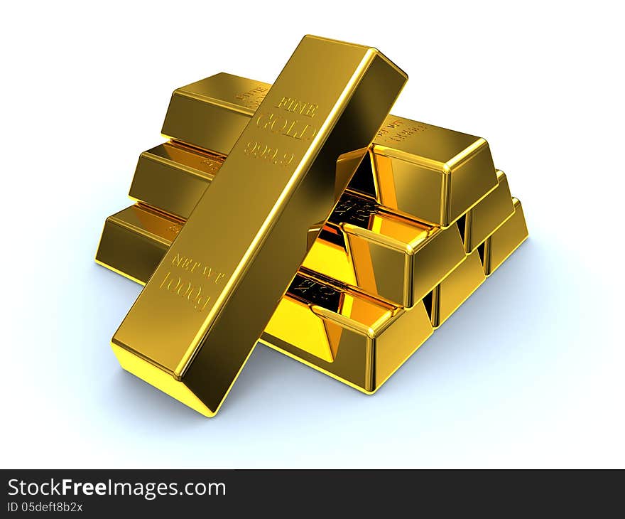 Gold bars stacked by a pyramid, a close-up on a white background. Gold bars stacked by a pyramid, a close-up on a white background.