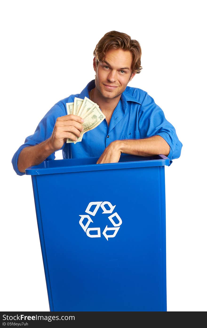 Caucasion Male With Recycle Bin Holding Money Isolated On White Background.