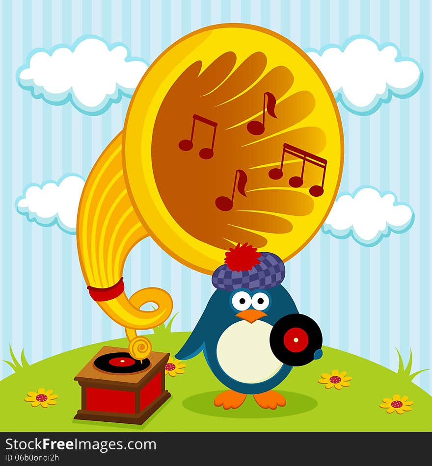 Penguin with a gramophone - vector illustration