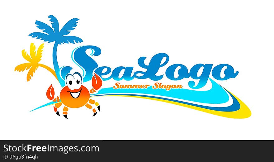 Illustration drawing representing a vacation or travel company logo with a sea and palms next to a crab smiling. Illustration drawing representing a vacation or travel company logo with a sea and palms next to a crab smiling