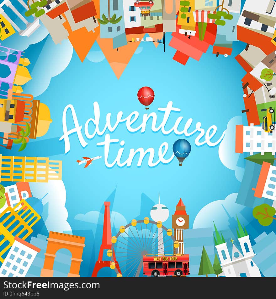 Adventure time vector illustration. Travel concept with lettering logo