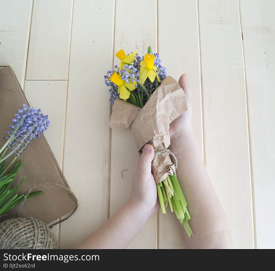 Children`s hands collect a bouquet as a gift. A gift for mom.