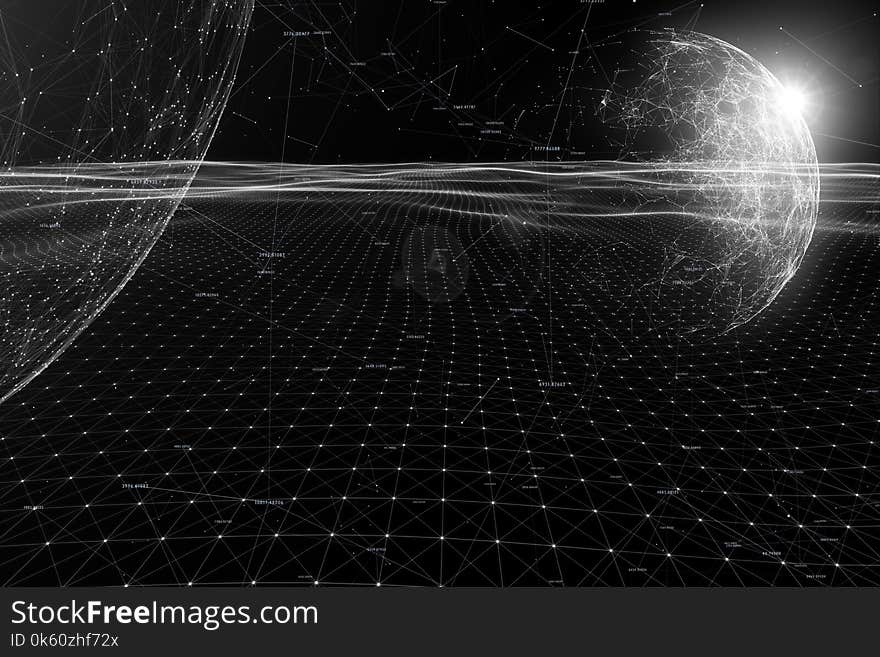 Black and white cyberspace network lines, dots and random numbers illustration background. Black and white cyberspace network lines, dots and random numbers illustration background.