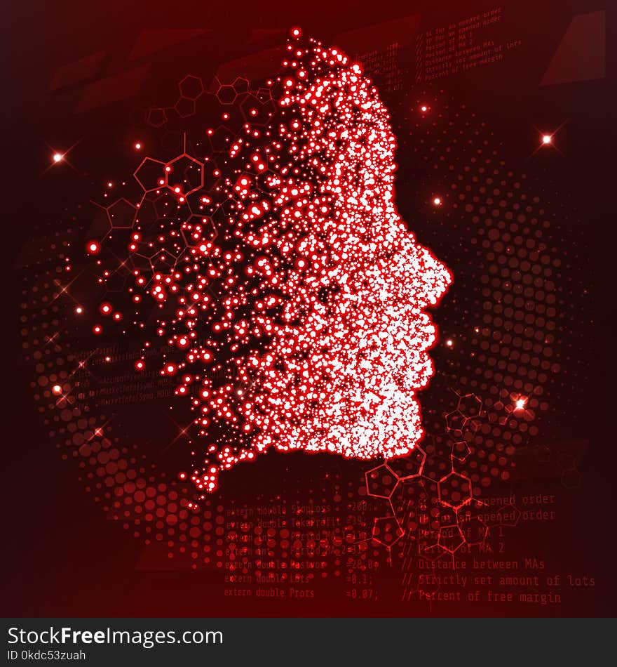 Lines connected to thinkers, symbolizing the meaning of artificial intelligence. The particles are collected in the girl`s face. Vector illustration. New technologies