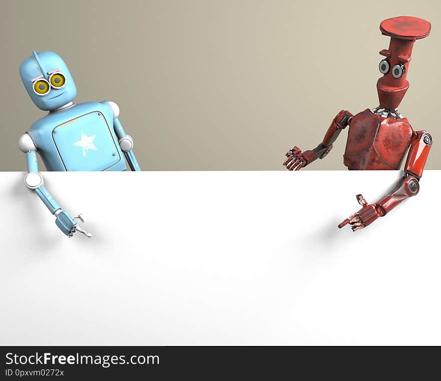 The two robots vitage peeks out from behind the walls banner. 3d Render