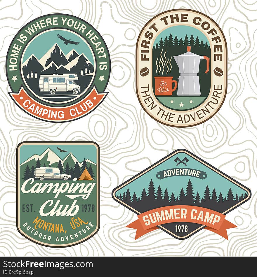 Set of Camping and caravanning club badges. Vector. Concept for shirt or logo, print, stamp, patch or tee. Vintage typography design with camp trailer, coffee maker, forest and mountain silhouette. Set of Camping and caravanning club badges. Vector. Concept for shirt or logo, print, stamp, patch or tee. Vintage typography design with camp trailer, coffee maker, forest and mountain silhouette.