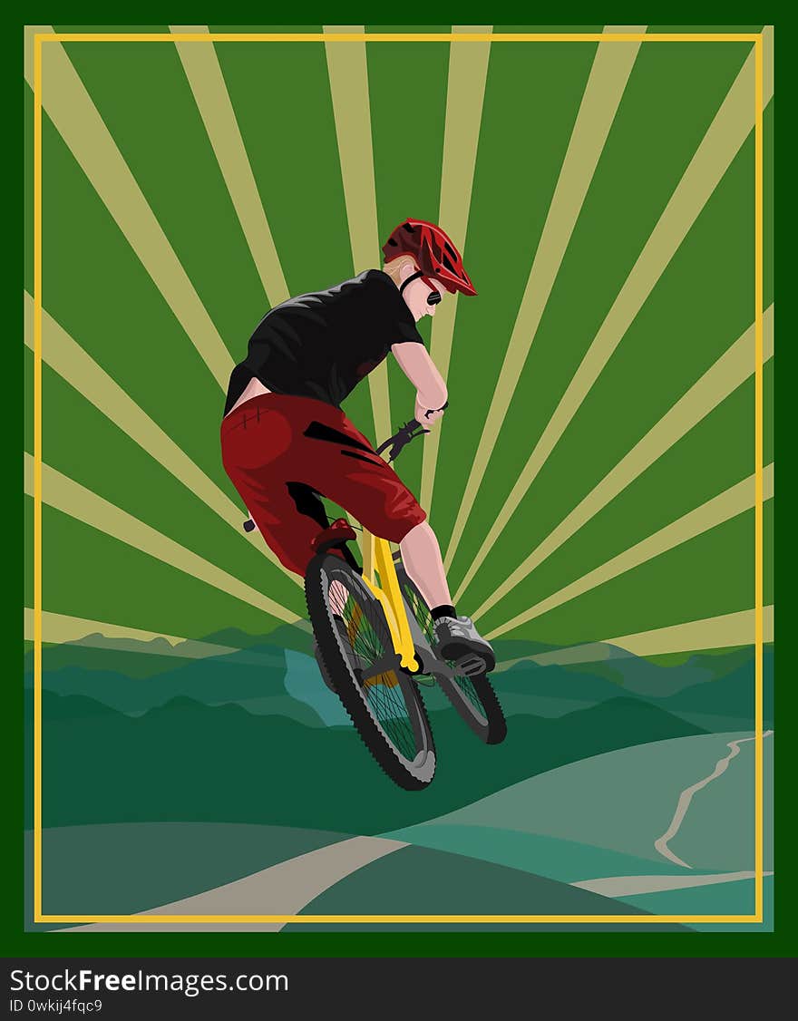 Downhill biker on Mountain bike, freeride style, extreme sportsman, bicycle, flat illustration pop art. Downhill biker on Mountain bike, freeride style, extreme sportsman, bicycle, flat illustration pop art