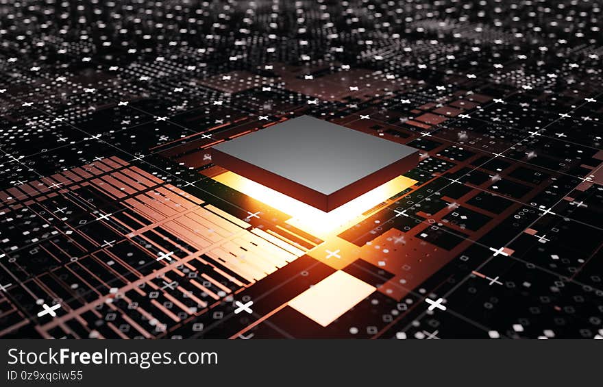 Abstract Central Computer Processors Concept. 3D illustration. Conceptual CPU on circuit board - PCB