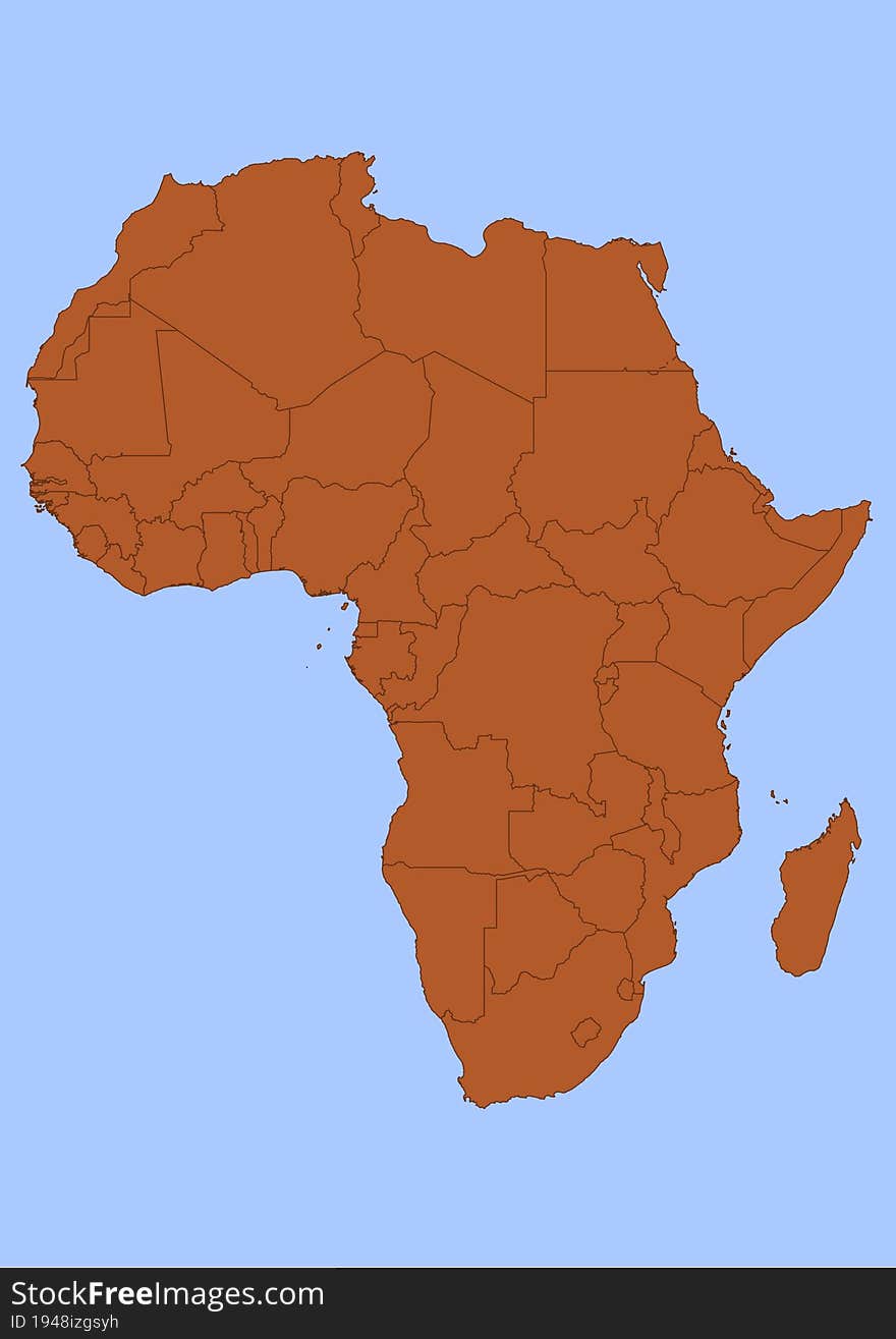 Africa map with black outline and brown surface surrounded by blue ocean