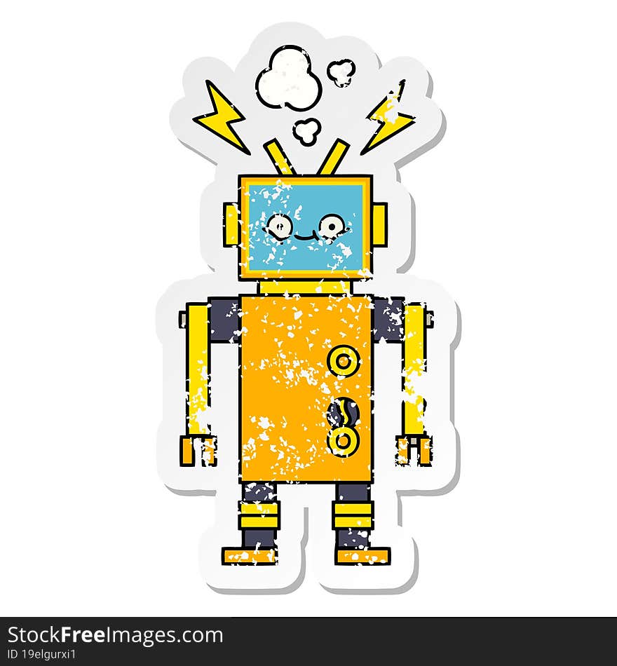 distressed sticker of a cute cartoon malfunctioning robot