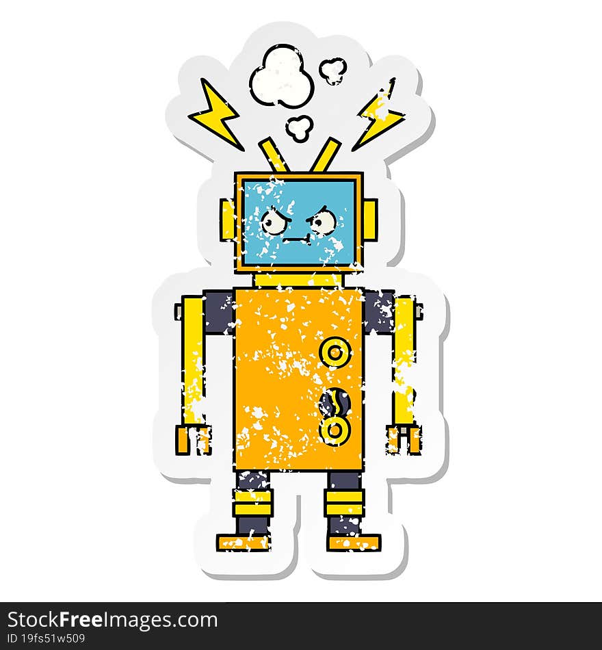 distressed sticker of a cute cartoon malfunctioning robot