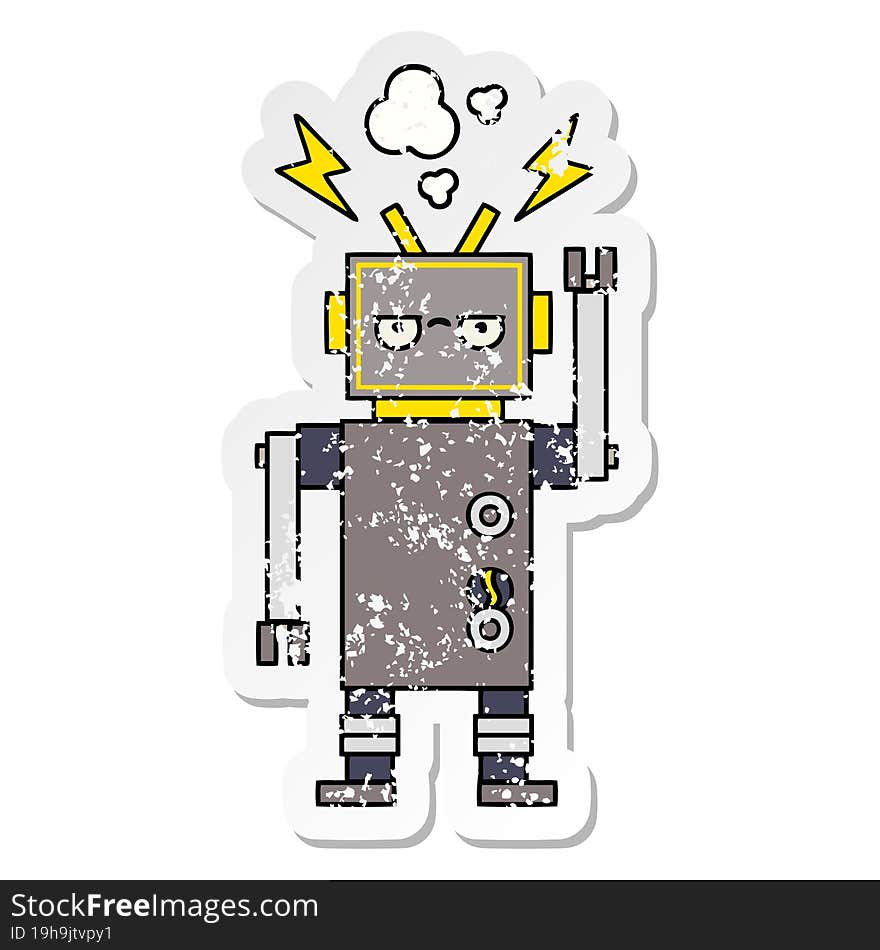 distressed sticker of a cute cartoon malfunctioning robot