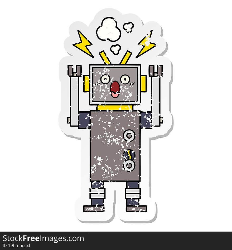 distressed sticker of a cute cartoon malfunctioning robot