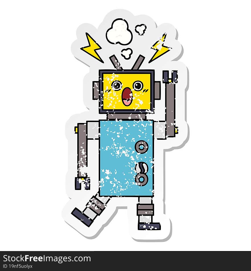 distressed sticker of a cute cartoon malfunctioning robot