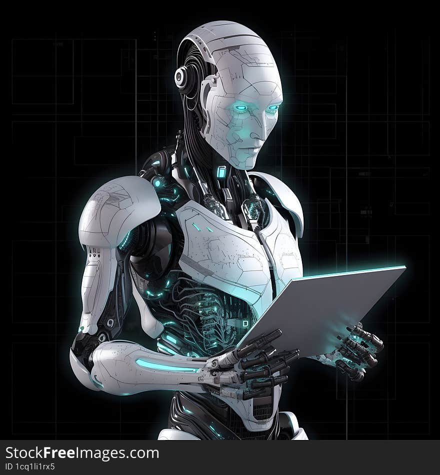 AI generated image & x28 under commercial license& x29 . Artificial intelligence machine robot holding a tablet.