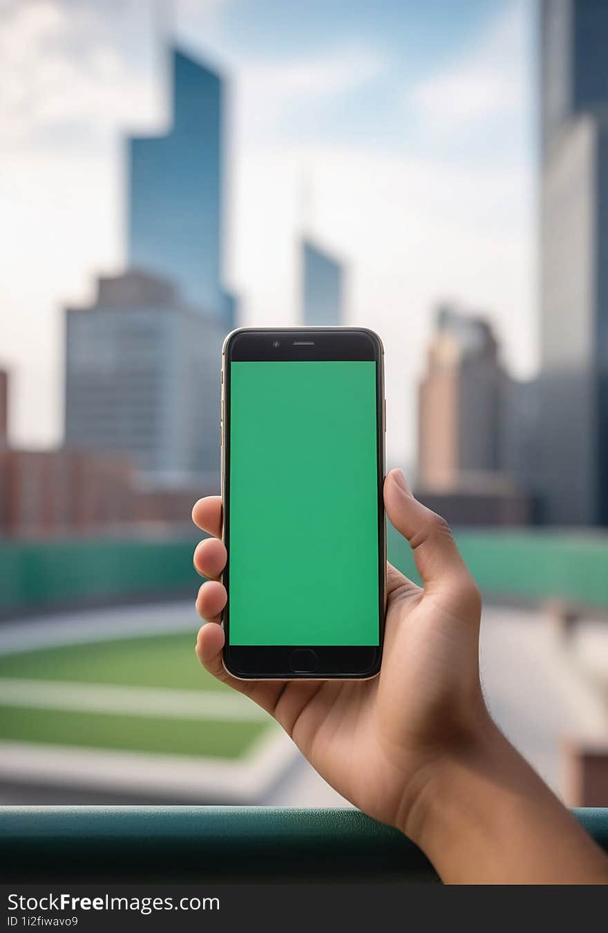 Ai generated image of a persons hand holding a black smartphone with a blank green screen in the city background