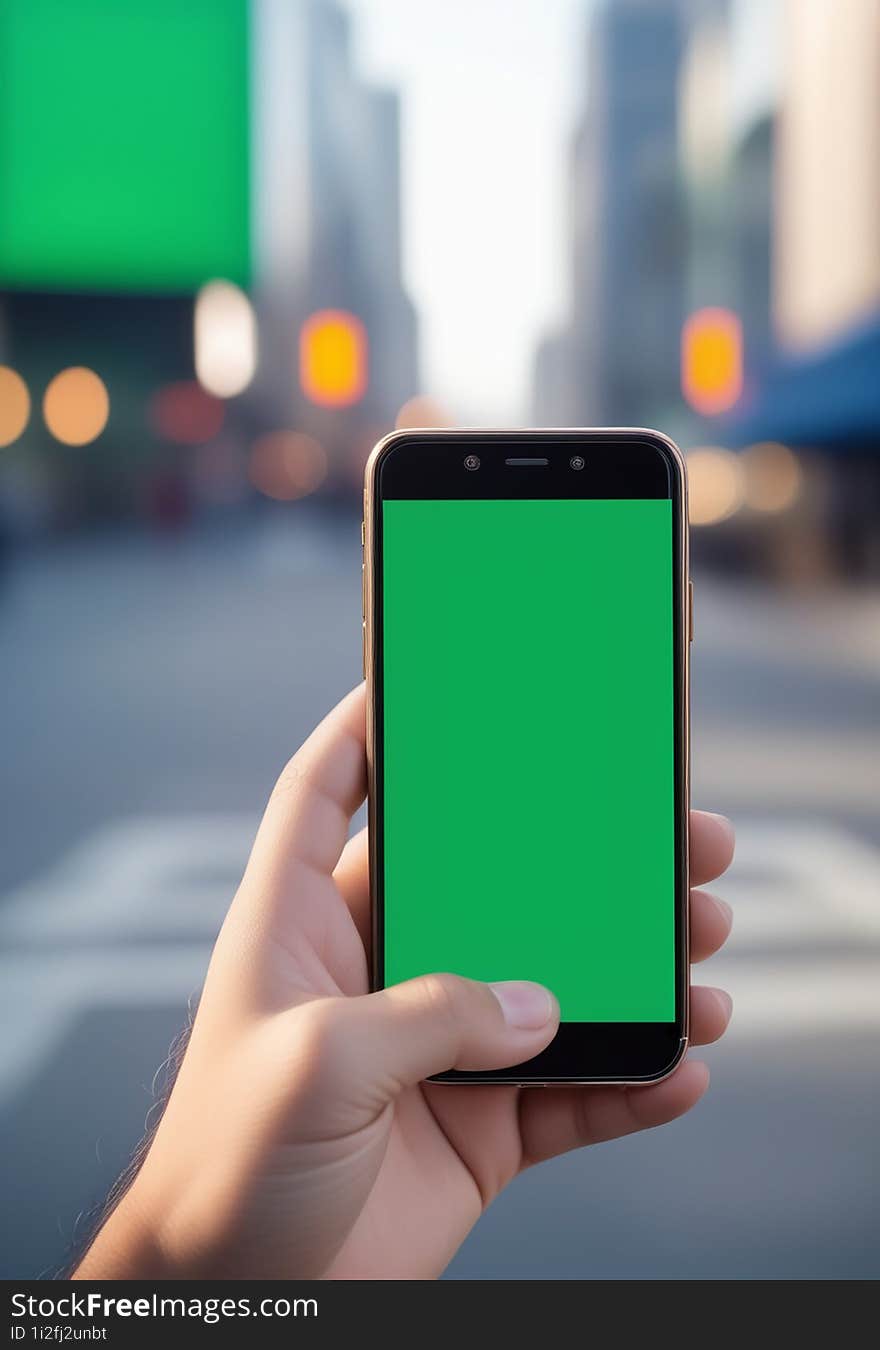 Ai generated image of a persons hand holding a black smartphone with a blank green screen in the city background