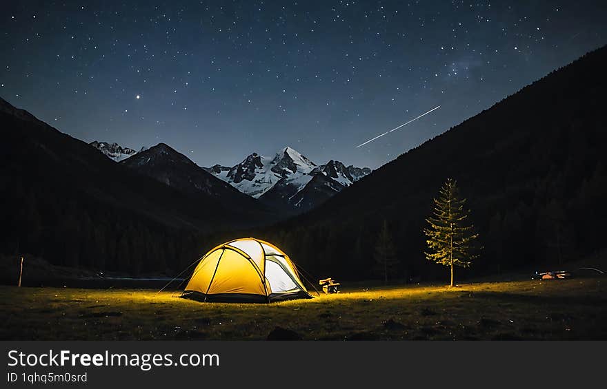 A brightly lit yellow tent sits in a mountain valley under a breathtaking night sky filled with stars and a meteor.An AI generated Image