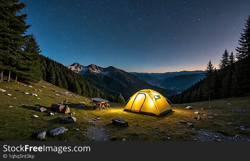 A yellow tent glows under a starry night sky in the Italian Alps, with a small table and chairs nearby.An AI generated Image