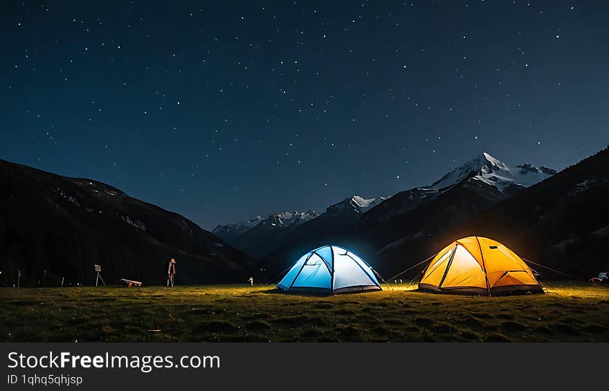 Two illuminated tents are pitched in a grassy field under a starlit sky, with a majestic mountain range in the background.An AI generated Image